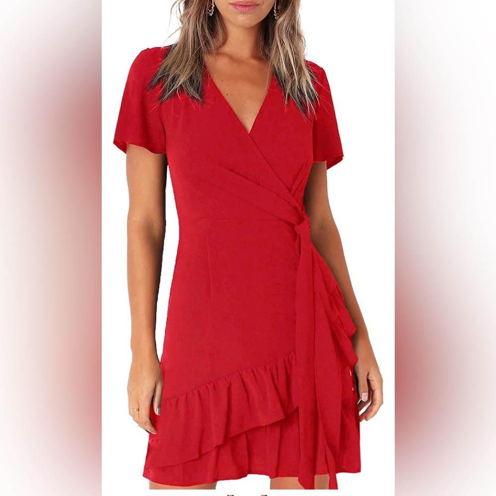 Dress Wrap V Neck Summer Dress Short Sleeves Ruffled Irregular Hem with Tie Belt